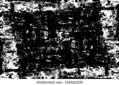 Grunge overlay layer. Abstract black and white vector background. Monochrome vintage surface with dirty pattern in cracks, spots, dots. Old wall in dark horror style design