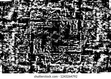 Grunge overlay layer. Abstract black and white vector background. Monochrome vintage surface with dirty pattern in cracks, spots, dots. Old wall in dark horror style design