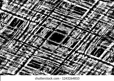Grunge overlay layer. Abstract black and white vector background. Monochrome vintage surface with dirty pattern in cracks, spots, dots. Old wall in dark horror style design