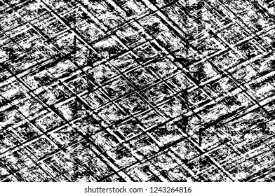 Grunge overlay layer. Abstract black and white vector background. Monochrome vintage surface with dirty pattern in cracks, spots, dots. Old wall in dark horror style design