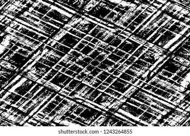 Grunge overlay layer. Abstract black and white vector background. Monochrome vintage surface with dirty pattern in cracks, spots, dots. Old wall in dark horror style design