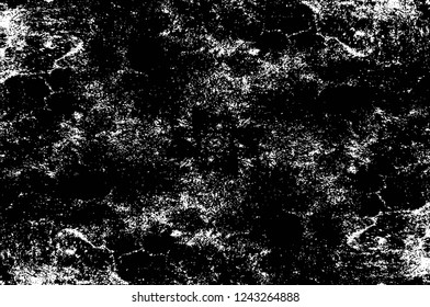 Grunge overlay layer. Abstract black and white vector background. Monochrome vintage surface with dirty pattern in cracks, spots, dots. Old wall in dark horror style design