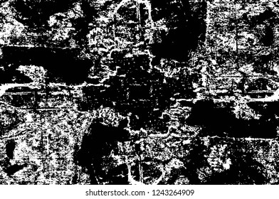 Grunge overlay layer. Abstract black and white vector background. Monochrome vintage surface with dirty pattern in cracks, spots, dots. Old wall in dark horror style design