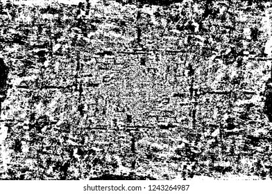 Grunge overlay layer. Abstract black and white vector background. Monochrome vintage surface with dirty pattern in cracks, spots, dots. Old wall in dark horror style design