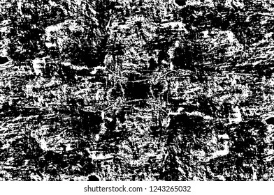 Grunge overlay layer. Abstract black and white vector background. Monochrome vintage surface with dirty pattern in cracks, spots, dots. Old wall in dark horror style design