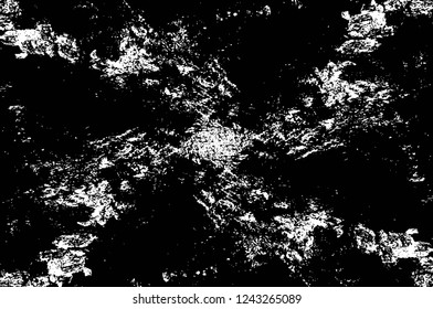 Grunge overlay layer. Abstract black and white vector background. Monochrome vintage surface with dirty pattern in cracks, spots, dots. Old wall in dark horror style design