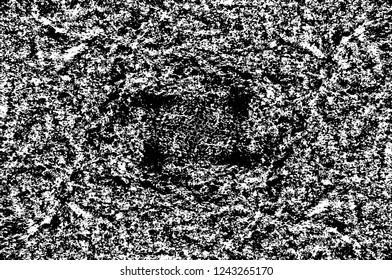 Grunge overlay layer. Abstract black and white vector background. Monochrome vintage surface with dirty pattern in cracks, spots, dots. Old wall in dark horror style design