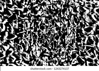 Grunge overlay layer. Abstract black and white vector background. Monochrome vintage surface with dirty pattern in cracks, spots, dots. Old wall in dark horror style design