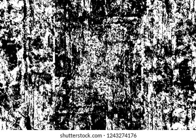Grunge overlay layer. Abstract black and white vector background. Monochrome vintage surface with dirty pattern in cracks, spots, dots. Old wall in dark horror style design