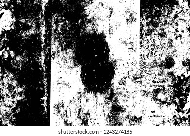 Grunge overlay layer. Abstract black and white vector background. Monochrome vintage surface with dirty pattern in cracks, spots, dots. Old wall in dark horror style design