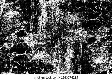 Grunge overlay layer. Abstract black and white vector background. Monochrome vintage surface with dirty pattern in cracks, spots, dots. Old wall in dark horror style design