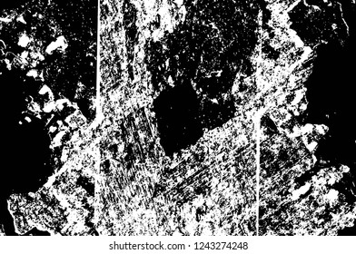 Grunge overlay layer. Abstract black and white vector background. Monochrome vintage surface with dirty pattern in cracks, spots, dots. Old wall in dark horror style design