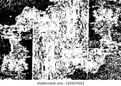 Grunge overlay layer. Abstract black and white vector background. Monochrome vintage surface with dirty pattern in cracks, spots, dots. Old wall in dark horror style design