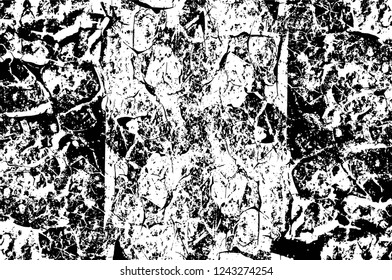 Grunge overlay layer. Abstract black and white vector background. Monochrome vintage surface with dirty pattern in cracks, spots, dots. Old wall in dark horror style design