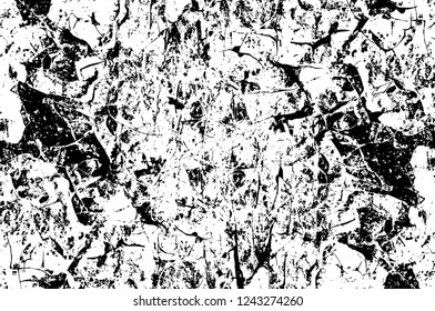 Grunge overlay layer. Abstract black and white vector background. Monochrome vintage surface with dirty pattern in cracks, spots, dots. Old wall in dark horror style design