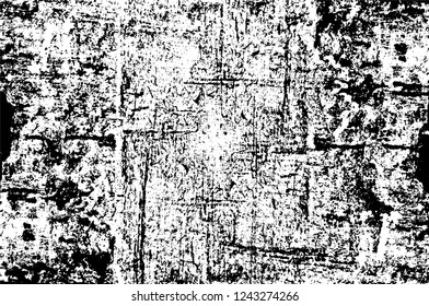 Grunge overlay layer. Abstract black and white vector background. Monochrome vintage surface with dirty pattern in cracks, spots, dots. Old wall in dark horror style design
