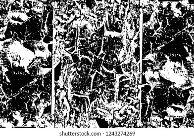Grunge overlay layer. Abstract black and white vector background. Monochrome vintage surface with dirty pattern in cracks, spots, dots. Old wall in dark horror style design