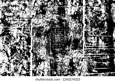 Grunge overlay layer. Abstract black and white vector background. Monochrome vintage surface with dirty pattern in cracks, spots, dots. Old wall in dark horror style design