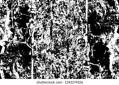 Grunge overlay layer. Abstract black and white vector background. Monochrome vintage surface with dirty pattern in cracks, spots, dots. Old wall in dark horror style design