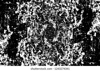 Grunge overlay layer. Abstract black and white vector background. Monochrome vintage surface with dirty pattern in cracks, spots, dots. Old wall in dark horror style design