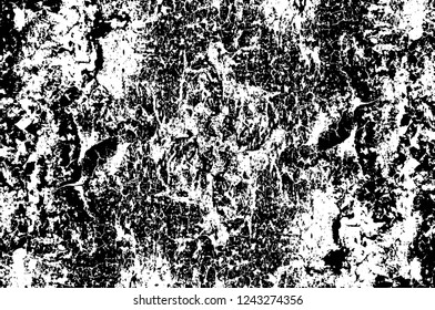 Grunge overlay layer. Abstract black and white vector background. Monochrome vintage surface with dirty pattern in cracks, spots, dots. Old wall in dark horror style design