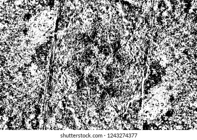 Grunge overlay layer. Abstract black and white vector background. Monochrome vintage surface with dirty pattern in cracks, spots, dots. Old wall in dark horror style design