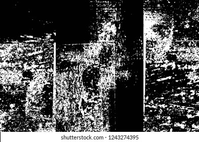 Grunge overlay layer. Abstract black and white vector background. Monochrome vintage surface with dirty pattern in cracks, spots, dots. Old wall in dark horror style design