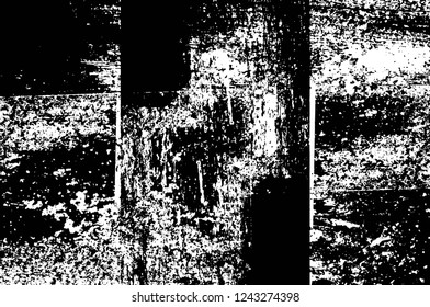 Grunge overlay layer. Abstract black and white vector background. Monochrome vintage surface with dirty pattern in cracks, spots, dots. Old wall in dark horror style design