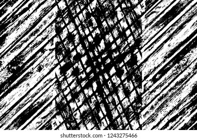 Grunge overlay layer. Abstract black and white vector background. Monochrome vintage surface with dirty pattern in cracks, spots, dots. Old wall in dark horror style design
