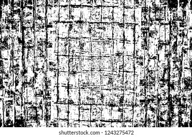 Grunge overlay layer. Abstract black and white vector background. Monochrome vintage surface with dirty pattern in cracks, spots, dots. Old wall in dark horror style design