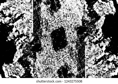Grunge overlay layer. Abstract black and white vector background. Monochrome vintage surface with dirty pattern in cracks, spots, dots. Old wall in dark horror style design
