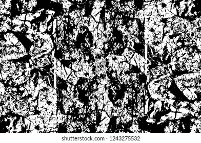Grunge overlay layer. Abstract black and white vector background. Monochrome vintage surface with dirty pattern in cracks, spots, dots. Old wall in dark horror style design
