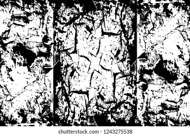 Grunge overlay layer. Abstract black and white vector background. Monochrome vintage surface with dirty pattern in cracks, spots, dots. Old wall in dark horror style design