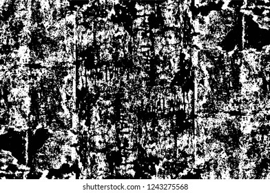 Grunge overlay layer. Abstract black and white vector background. Monochrome vintage surface with dirty pattern in cracks, spots, dots. Old wall in dark horror style design