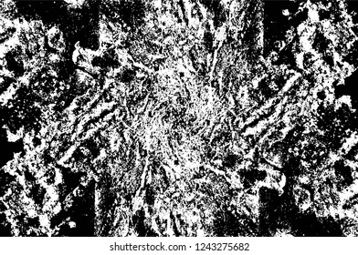 Grunge overlay layer. Abstract black and white vector background. Monochrome vintage surface with dirty pattern in cracks, spots, dots. Old wall in dark horror style design