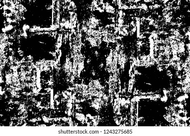 Grunge overlay layer. Abstract black and white vector background. Monochrome vintage surface with dirty pattern in cracks, spots, dots. Old wall in dark horror style design