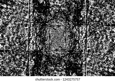 Grunge overlay layer. Abstract black and white vector background. Monochrome vintage surface with dirty pattern in cracks, spots, dots. Old wall in dark horror style design