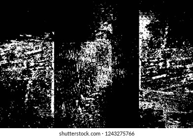 Grunge overlay layer. Abstract black and white vector background. Monochrome vintage surface with dirty pattern in cracks, spots, dots. Old wall in dark horror style design