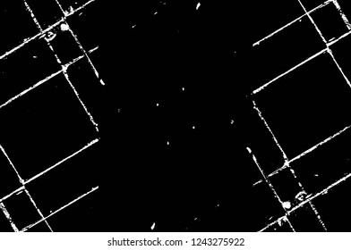 Grunge overlay layer. Abstract black and white vector background. Monochrome vintage surface with dirty pattern in cracks, spots, dots. Old wall in dark horror style design