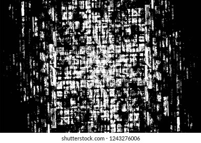 Grunge overlay layer. Abstract black and white vector background. Monochrome vintage surface with dirty pattern in cracks, spots, dots. Old wall in dark horror style design