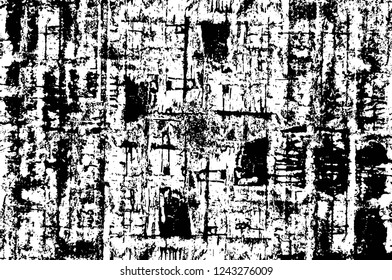 Grunge overlay layer. Abstract black and white vector background. Monochrome vintage surface with dirty pattern in cracks, spots, dots. Old wall in dark horror style design