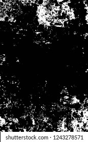 Grunge overlay layer. Abstract black and white vector background. Monochrome vintage surface with dirty pattern in cracks, spots, dots. Old wall in dark horror style design