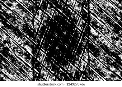 Grunge overlay layer. Abstract black and white vector background. Monochrome vintage surface with dirty pattern in cracks, spots, dots. Old wall in dark horror style design
