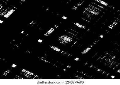 Grunge overlay layer. Abstract black and white vector background. Monochrome vintage surface with dirty pattern in cracks, spots, dots. Old wall in dark horror style design