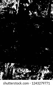 Grunge overlay layer. Abstract black and white vector background. Monochrome vintage surface with dirty pattern in cracks, spots, dots. Old wall in dark horror style design