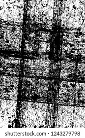Grunge overlay layer. Abstract black and white vector background. Monochrome vintage surface with dirty pattern in cracks, spots, dots. Old wall in dark horror style design