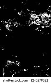 Grunge overlay layer. Abstract black and white vector background. Monochrome vintage surface with dirty pattern in cracks, spots, dots. Old wall in dark horror style design
