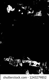 Grunge overlay layer. Abstract black and white vector background. Monochrome vintage surface with dirty pattern in cracks, spots, dots. Old wall in dark horror style design