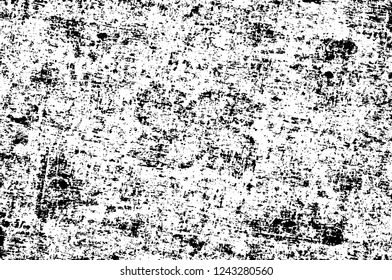 Grunge overlay layer. Abstract black and white vector background. Monochrome vintage surface with dirty pattern in cracks, spots, dots. Old wall in dark horror style design