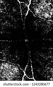 Grunge overlay layer. Abstract black and white vector background. Monochrome vintage surface with dirty pattern in cracks, spots, dots. Old wall in dark horror style design